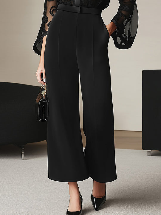 Chic Black Wide-Leg Shirt Set with Mesh Detail - Pants