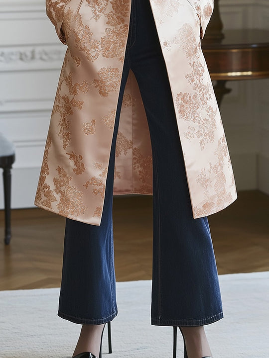 Ornate Blush Satin Coat with Floral Motifs