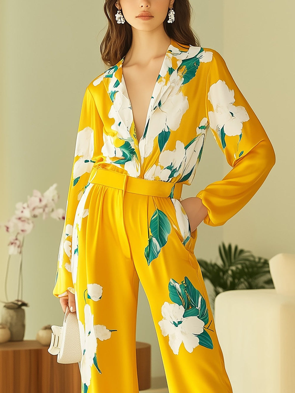 Stylish Yellow Floral Satin Shirt and Pants Set