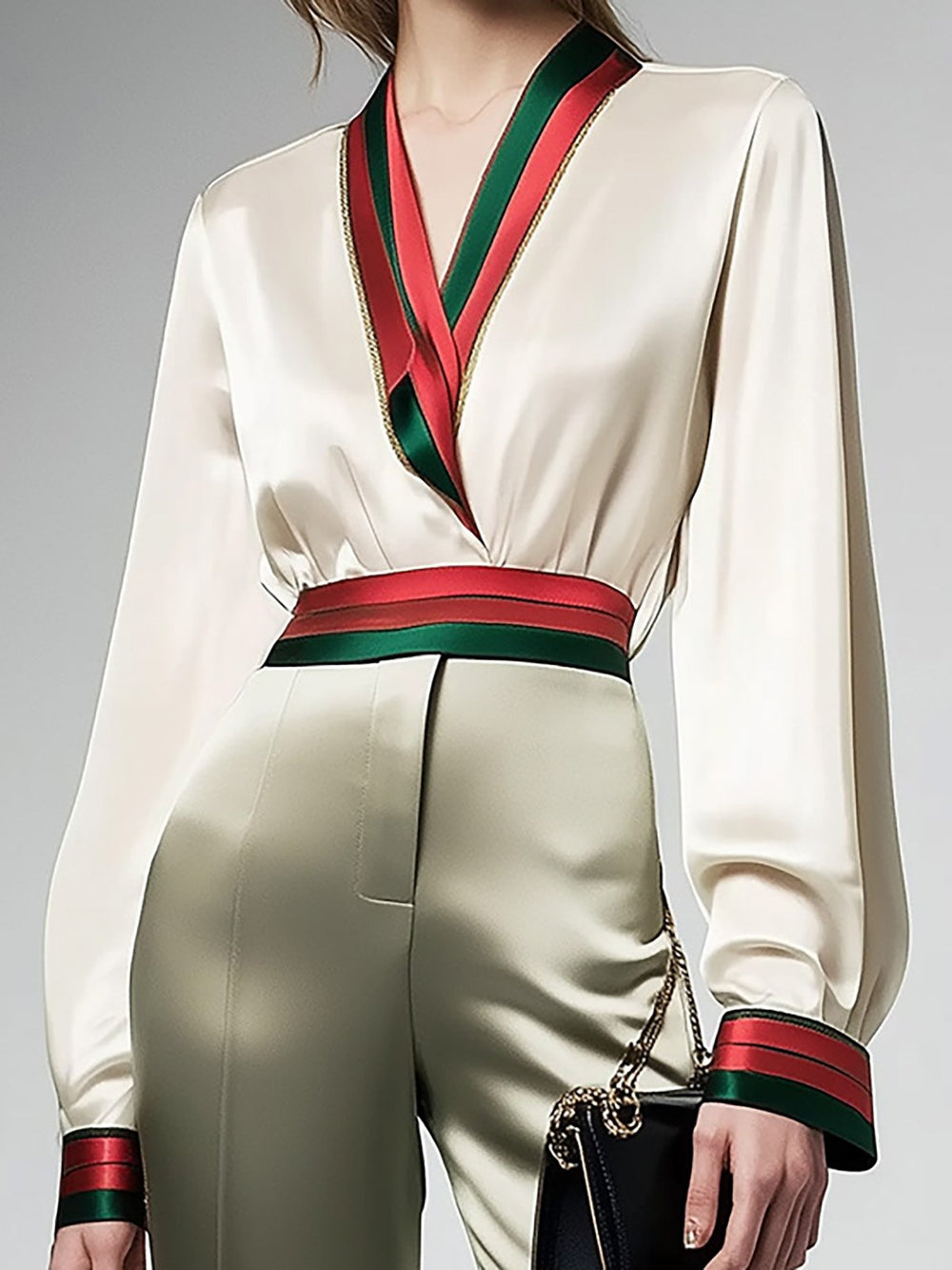 Sophisticated Satin Shirt Set with Bold Trim- Shirt