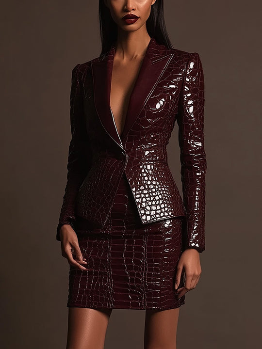 Elegant Burgundy Crocodile Leather Blazer