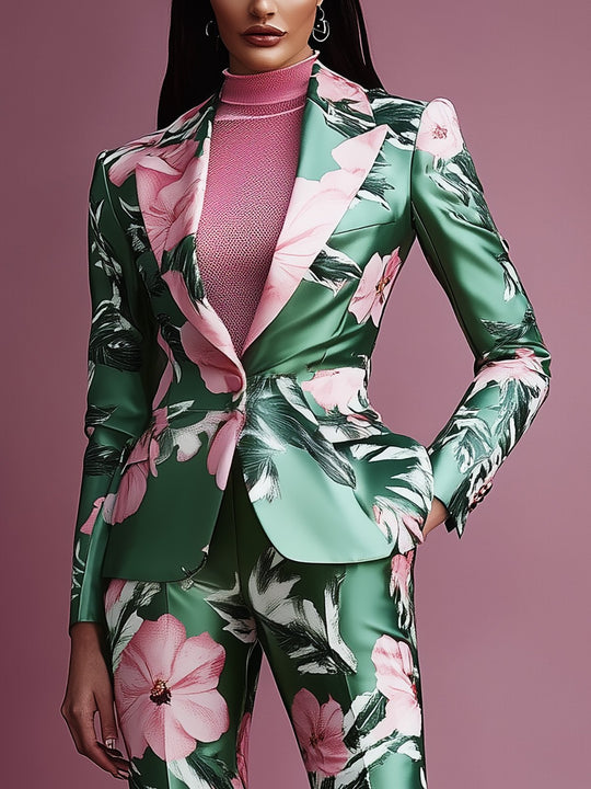 Dreamy Pink-Green Satin Print Blazer Set-Blazer