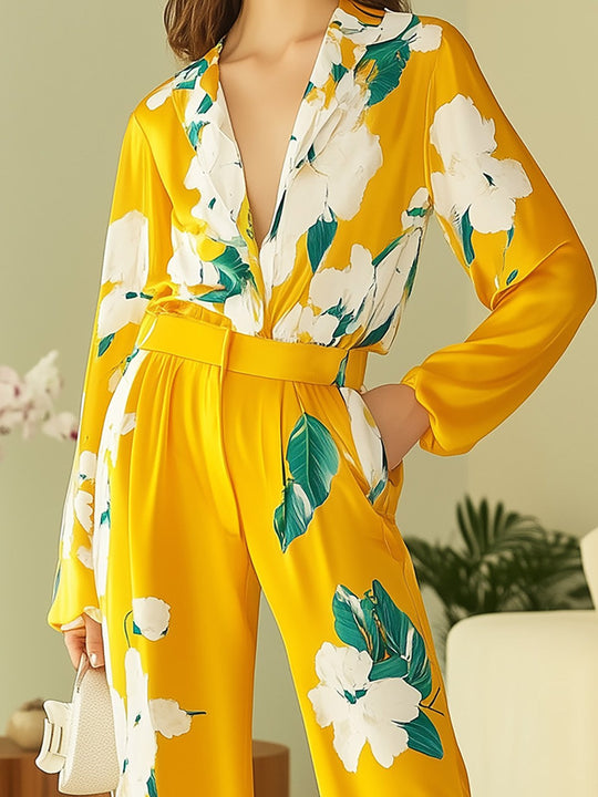 Stylish Yellow Floral Satin Shirt and Pants Set - Shirt