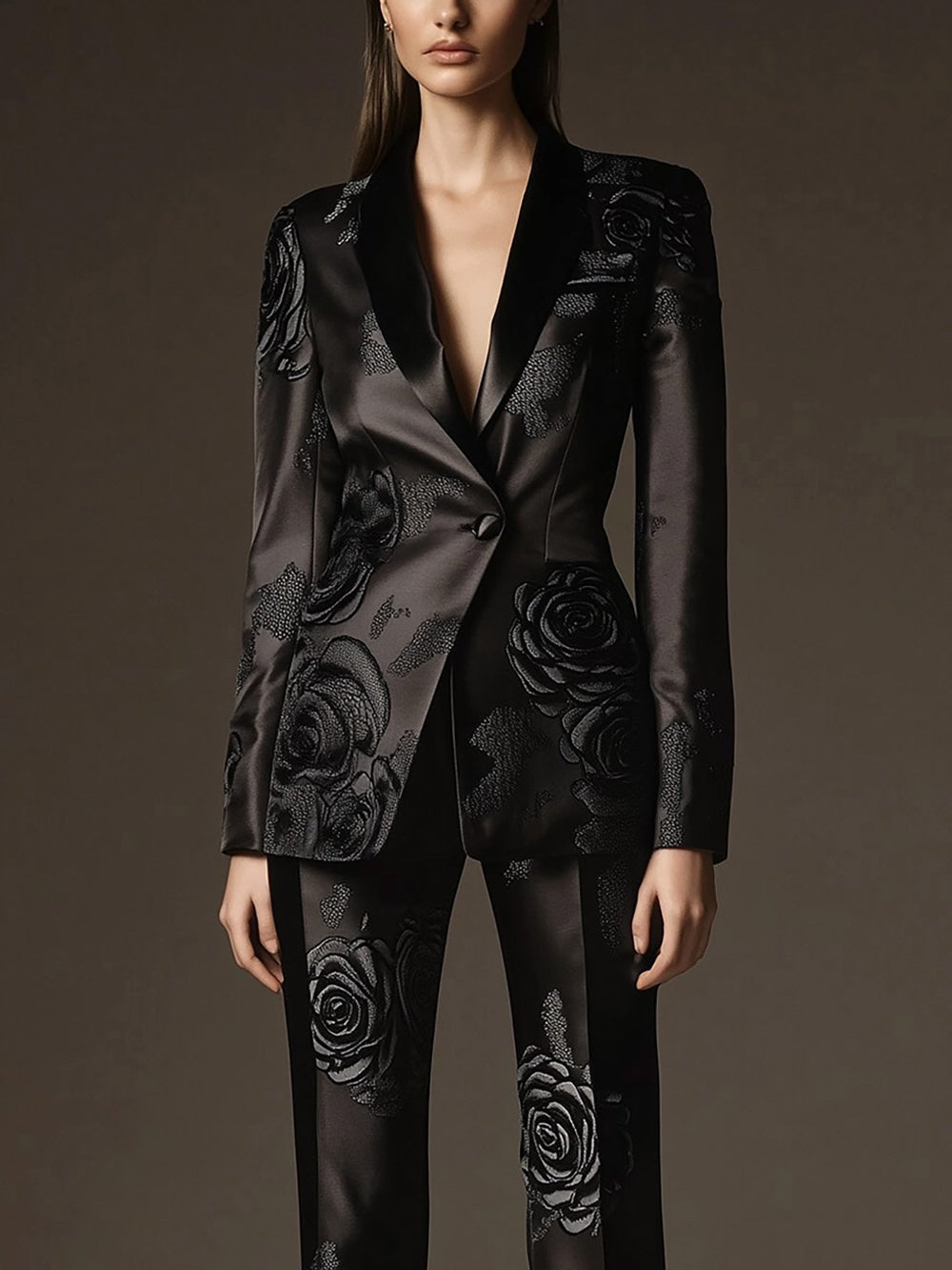 Modern Floral-Embellished Satin Suit