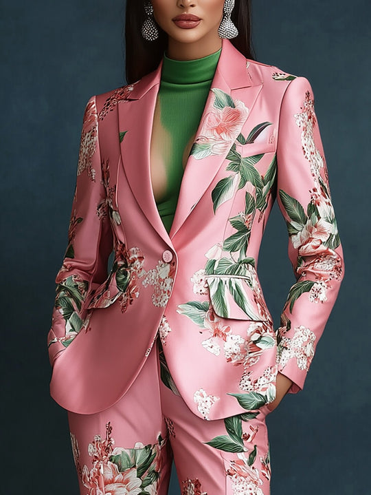 Sophisticated Classic Satin Print Blazer and Matching Pants