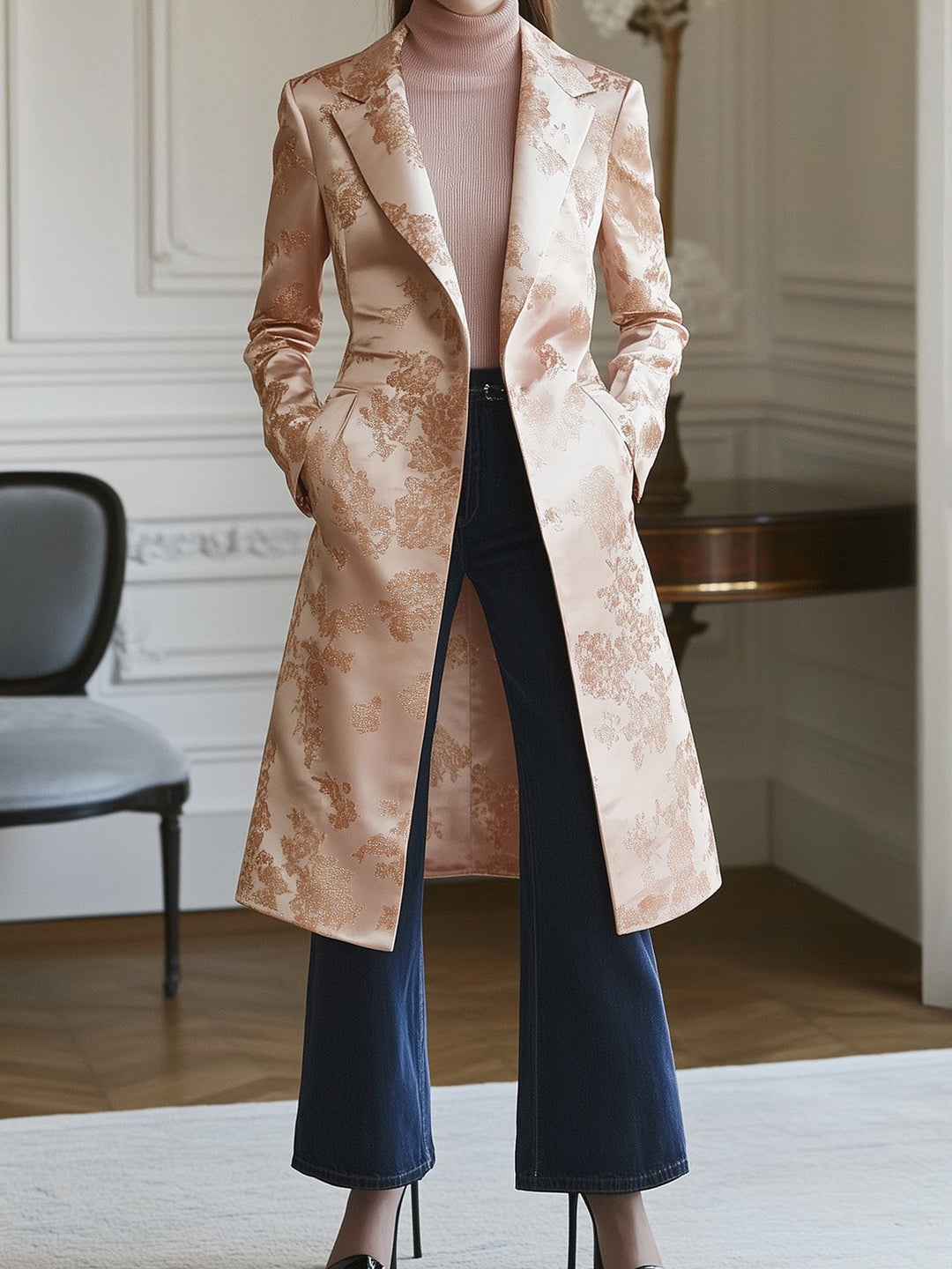 Ornate Blush Satin Coat with Floral Motifs