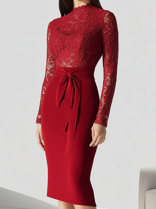 Elegant Red Lace-Trimmed Dress with Waist Tie