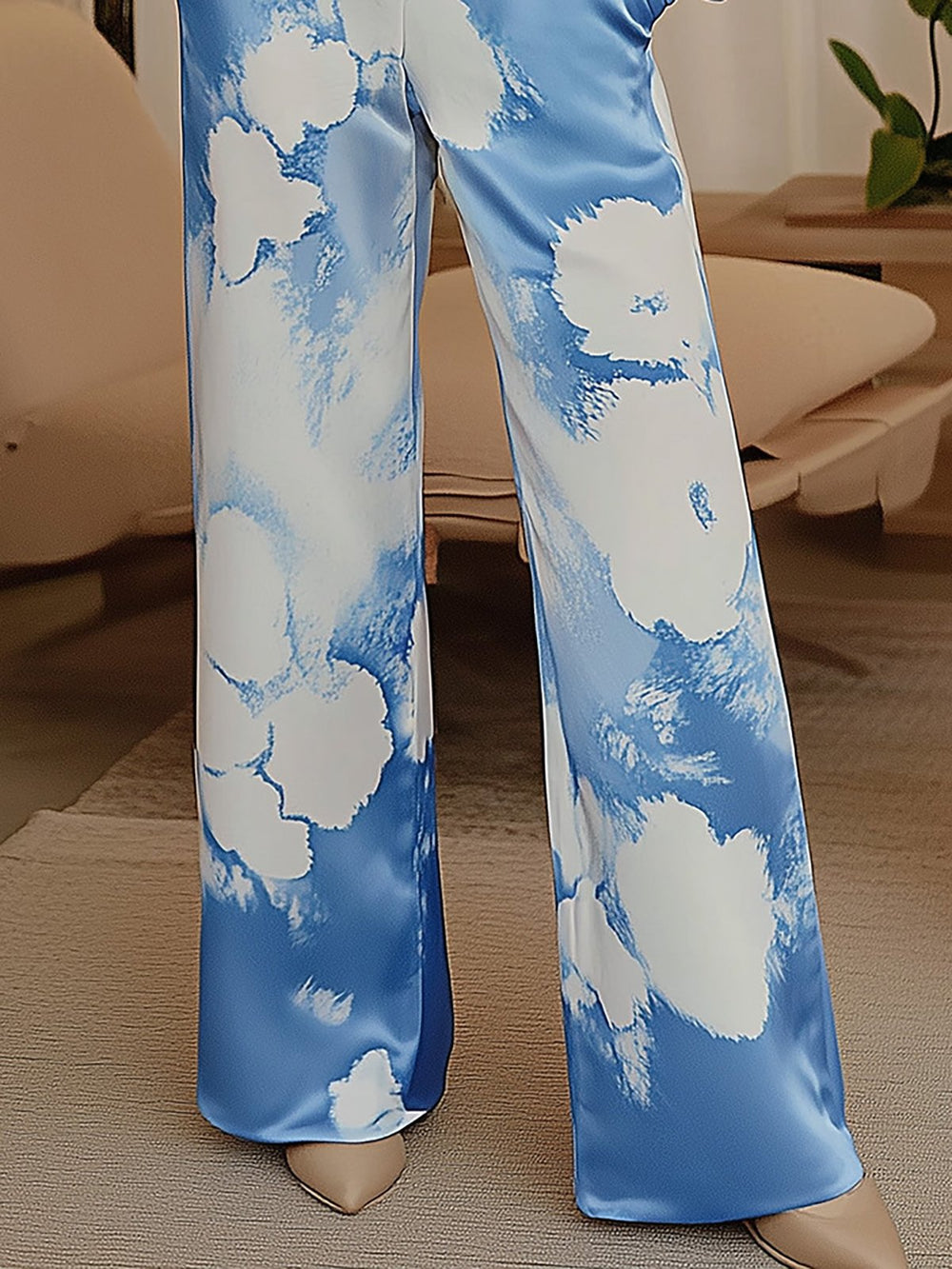 Elegant Sky Blue Satin Print Ensemble - Pants