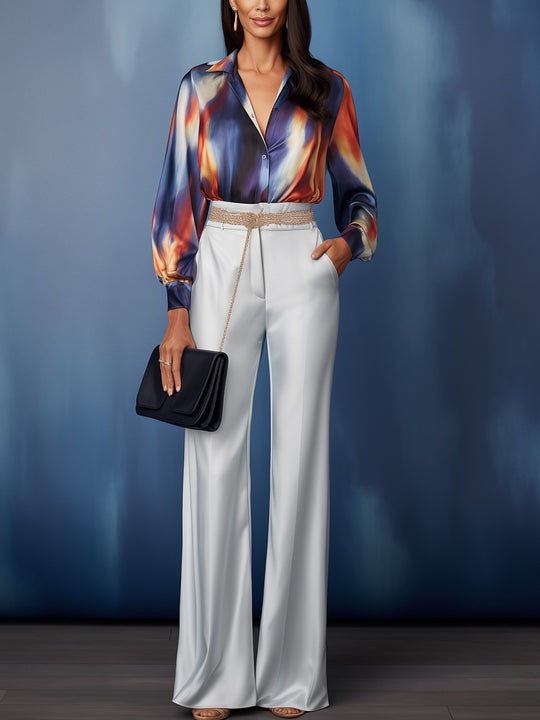 Elegant Satin Shirt and Wide Leg Pants Ensemble without Belt