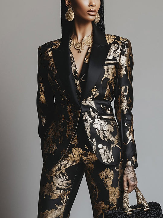 Baroque Glam Black and Gold Embellished Satin Suit - Blazer