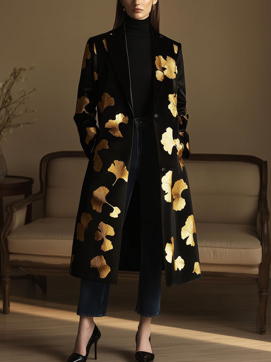 Black Coat with Ginkgo Leaf Motif