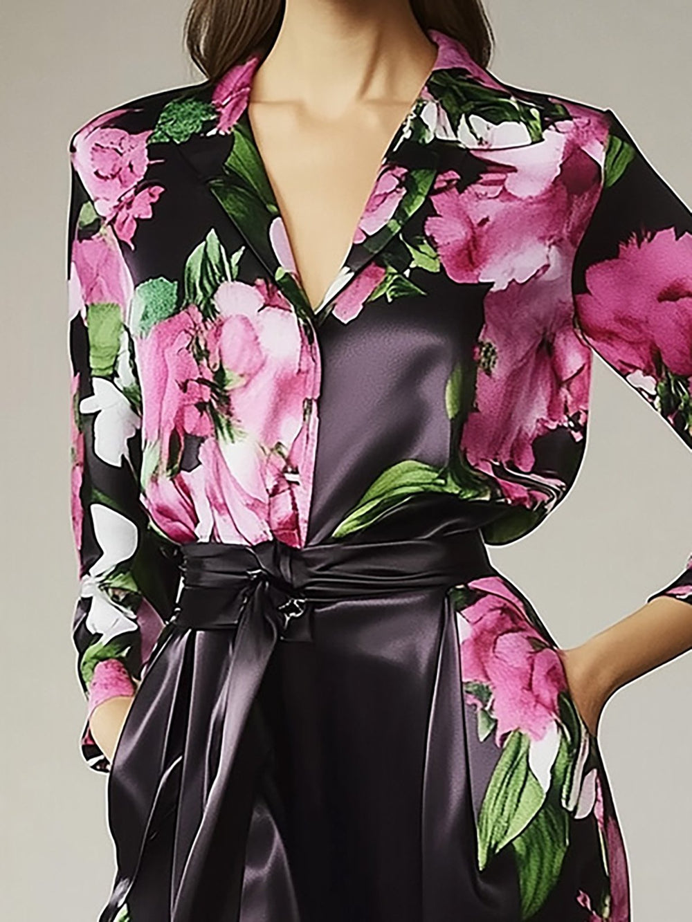 Chic Floral Print Satin Shirt Set - Shirt