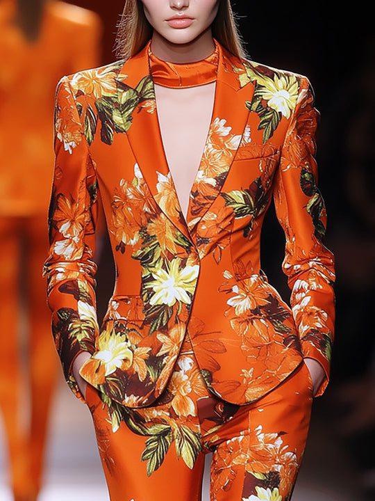 Chic Floral Power Suit in Bright Orange - Blazer