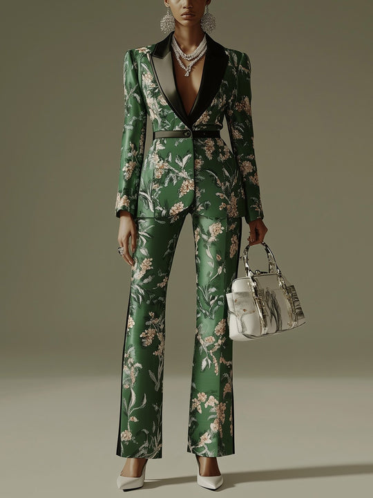 Botanical Luxe Emerald Green Satin Floral Blazer Suit