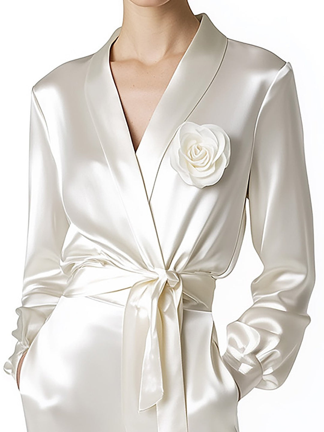 Minimalist White Satin Set with 3D Rose & Waist Belt - Shirt