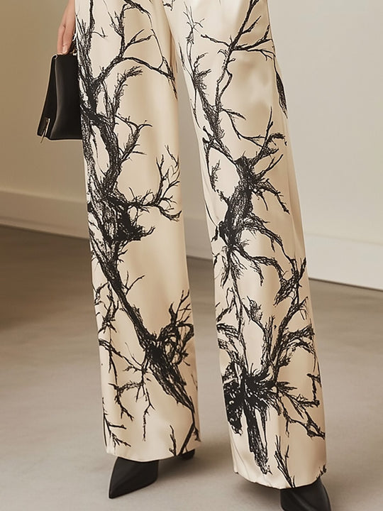 Monochrome Nature-Inspired Satin Ensemble - Pants