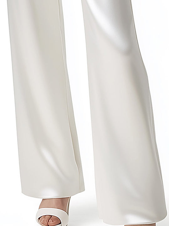 Minimalist White Satin Set with 3D Rose & Waist Belt - Pants