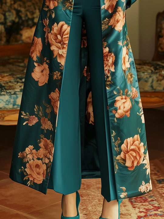 Opulent Garden Teal Floral Satin Coat