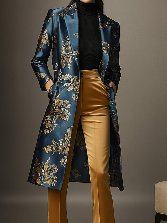 Gold-Accented Floral Print Coat