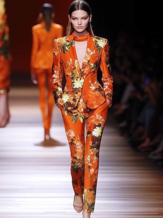 Chic Floral Power Suit in Bright Orange