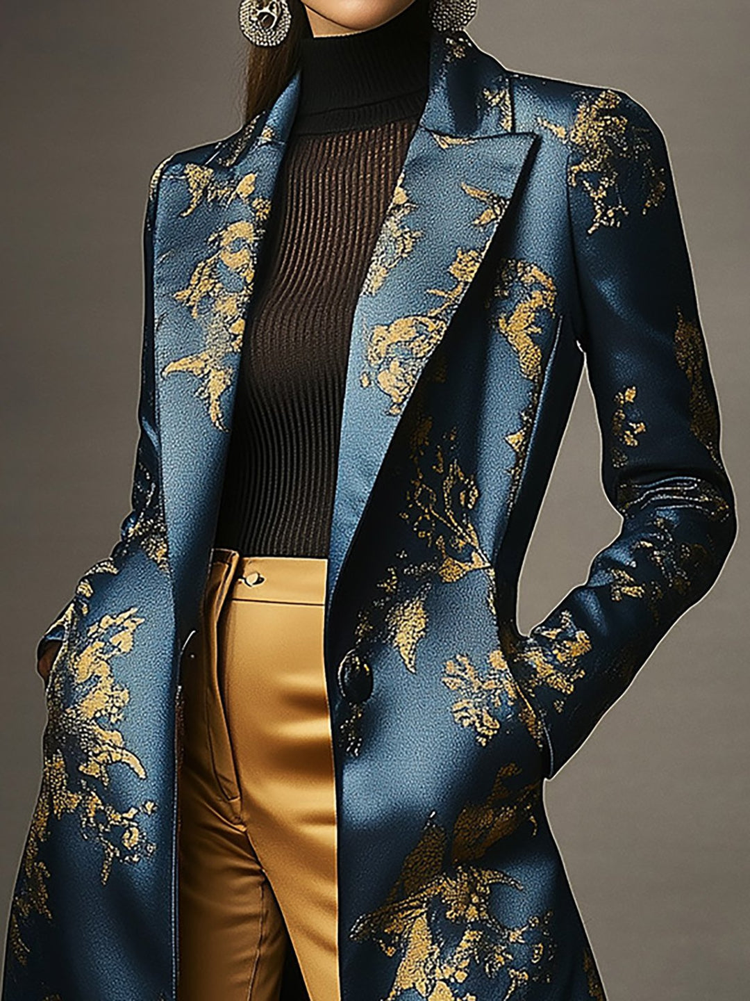 【24-hour shipping】Golden Twilight Navy and Gold Floral Satin Overcoat