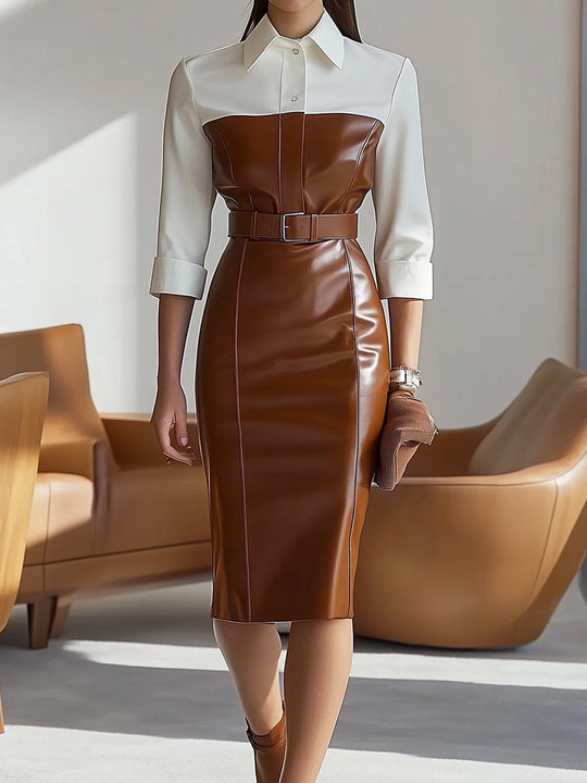 Elegant Leather-Trimmed Shirt Dress