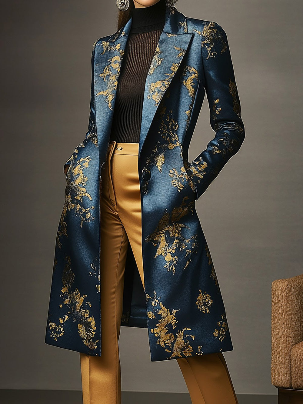 【24-hour shipping】Golden Twilight Navy and Gold Floral Satin Overcoat