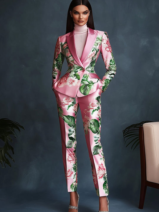 Polished Pink Satin Floral Blazer Ensemble