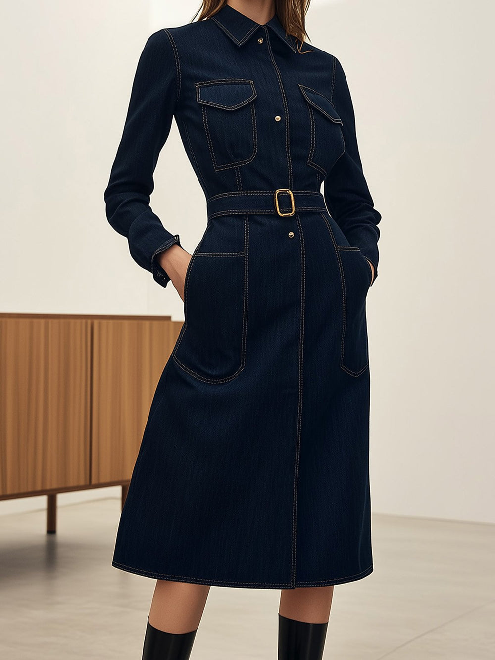 Classic Dark Wash Denim Dress with Waist Detail