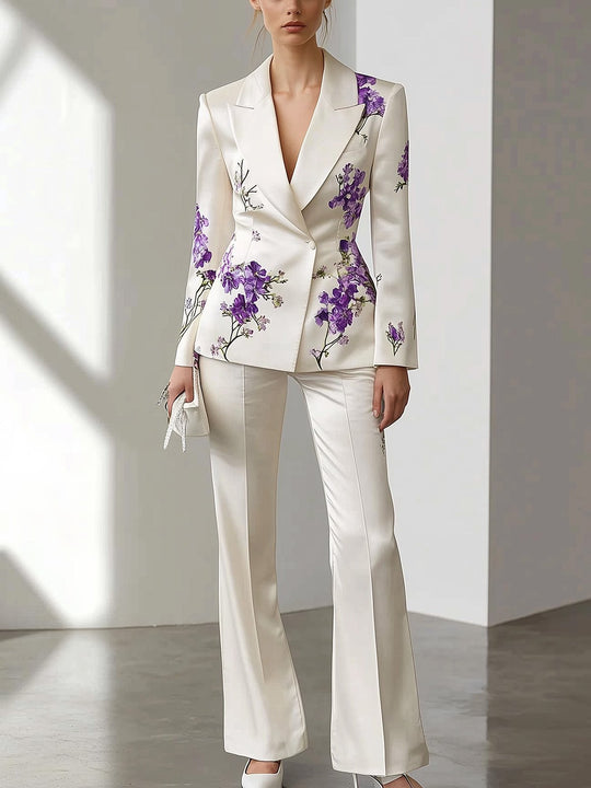 Purple Floral Satin Suit Ensemble