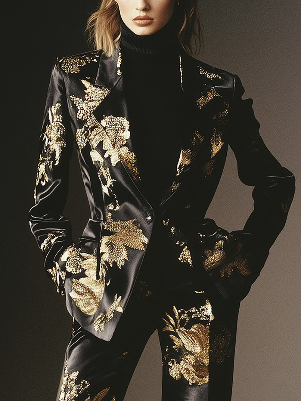 Opulent Floral Print Satin Suit