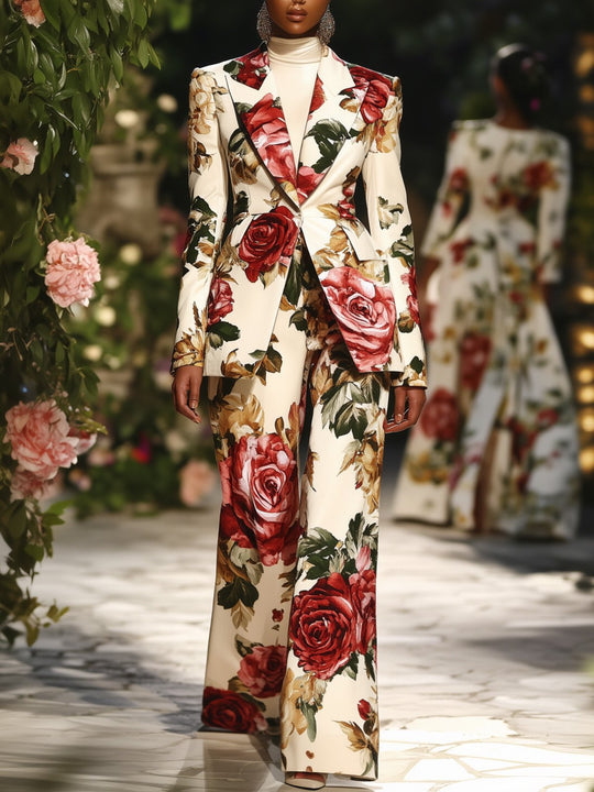 Bold Rose Elegance Floral Blazer and Pant Set