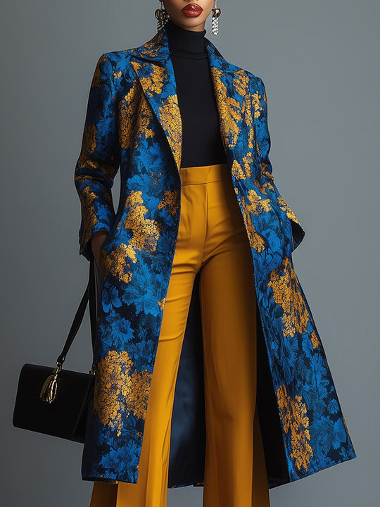 Royal Bloom Blue and Gold Satin Floral Overcoat