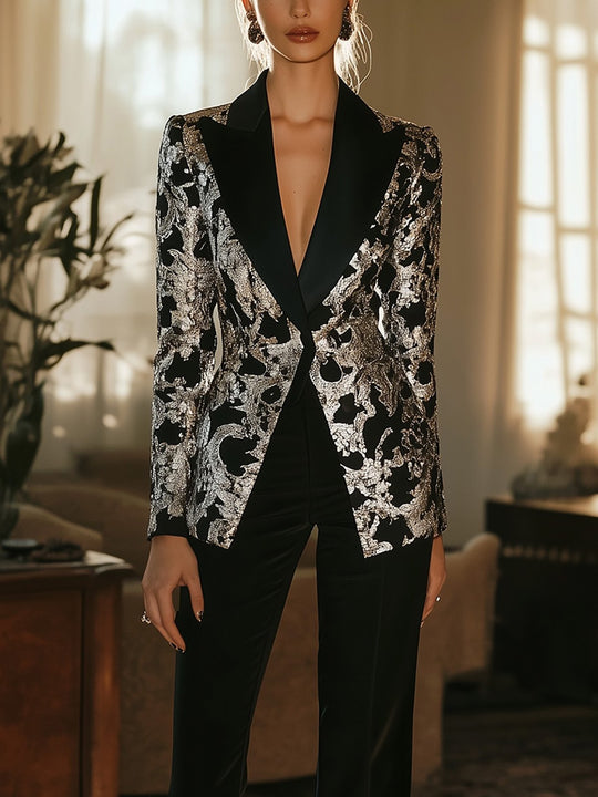 Elegant Black and Silver Satin Suit