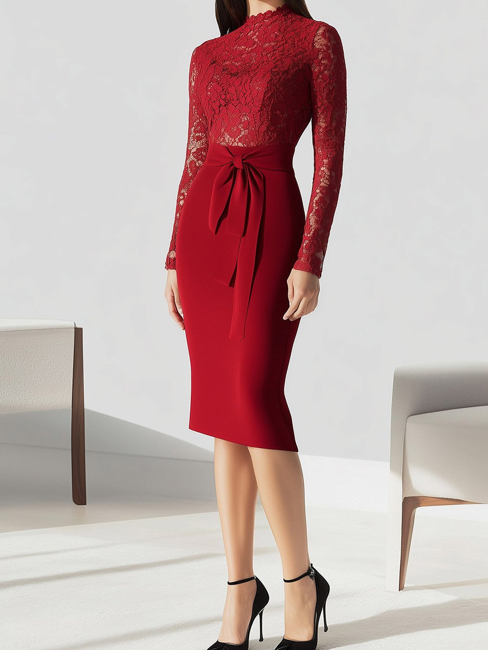 Elegant Red Lace-Trimmed Dress with Waist Tie