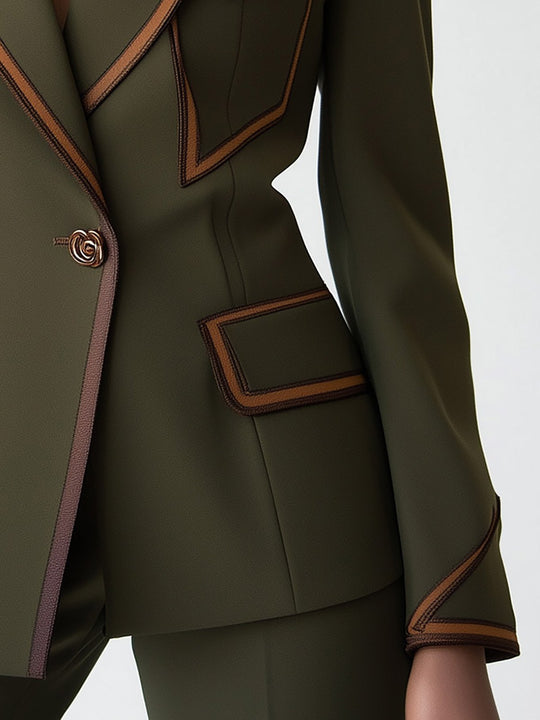 Olive Green Blazer with Brown Trim