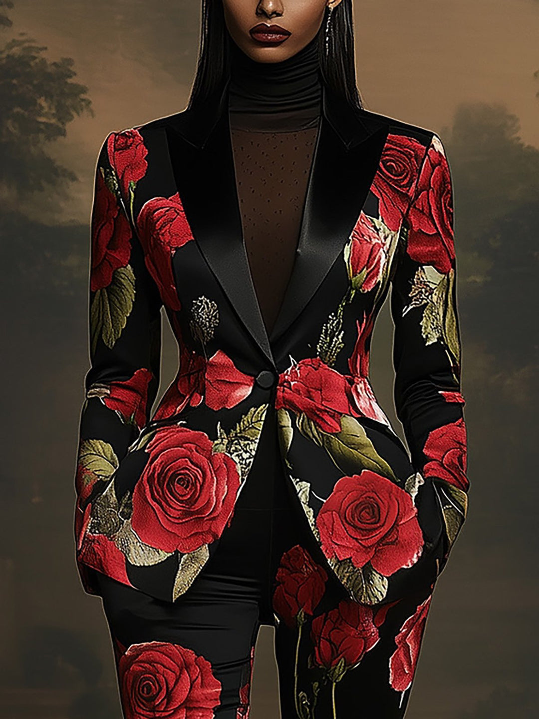 Red Rose Print Blazer Ensemble