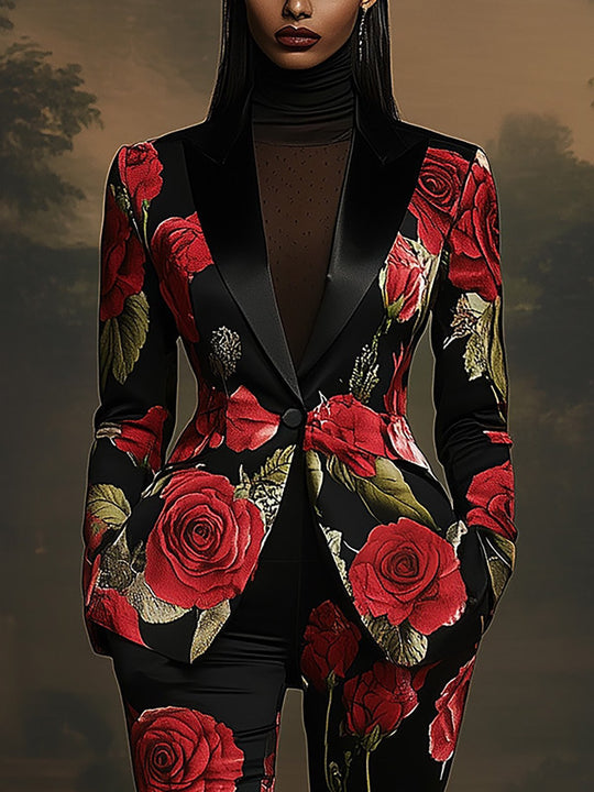 Red Rose Print Blazer Ensemble