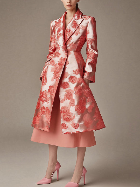 Floral Satin Coat in Coral