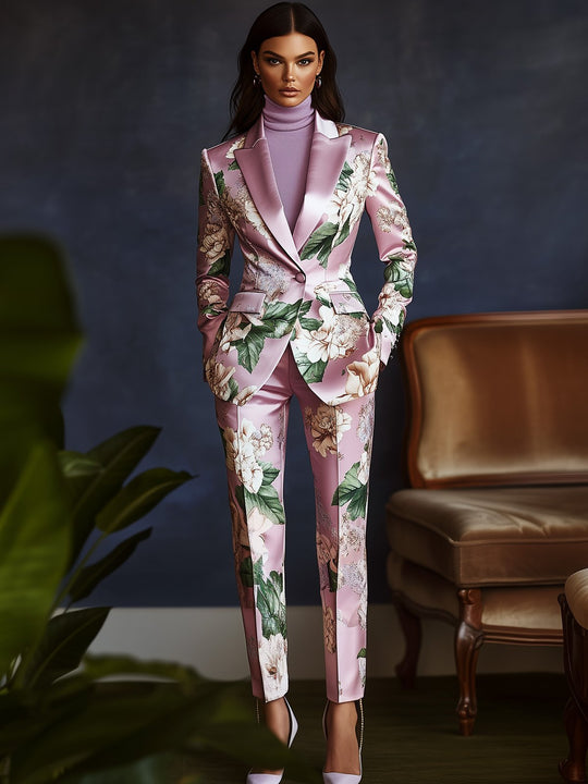 Modern Floral Elegance Purple and Green Satin Suit