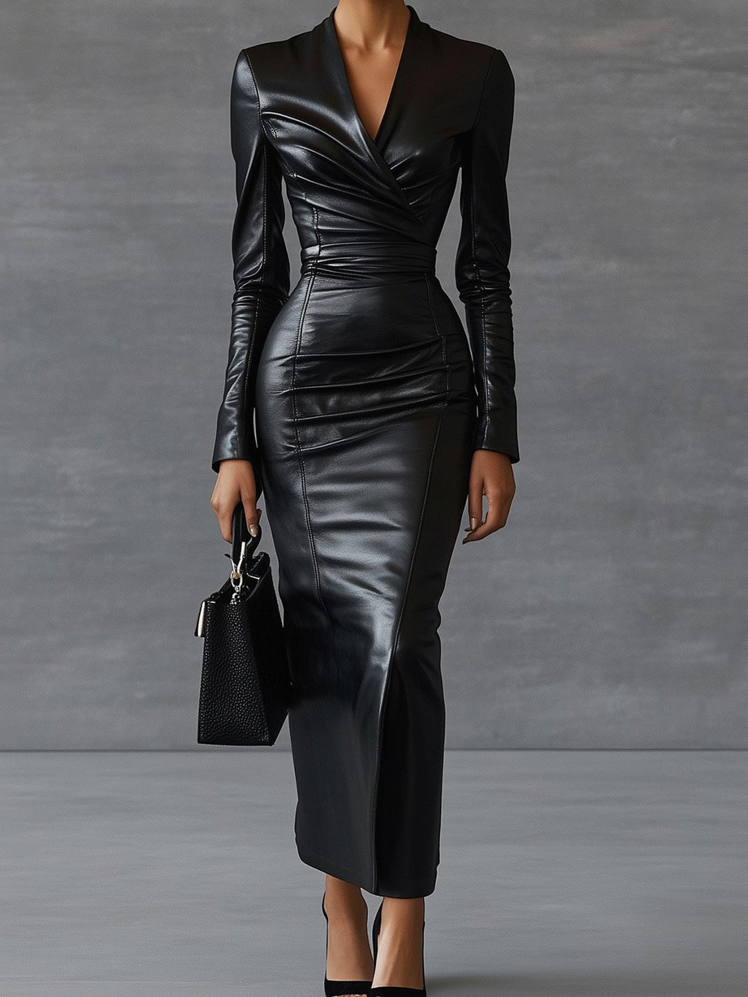 Elegant Black Leather Dress with V-Neck and Ruched Waist