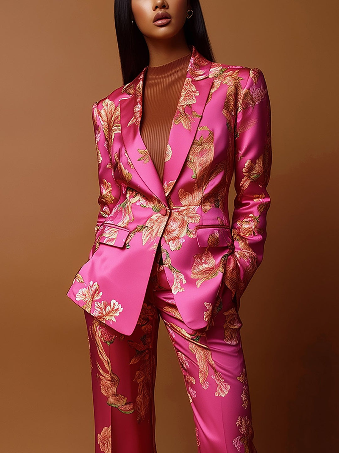 Golden Petals Satin Power Suit