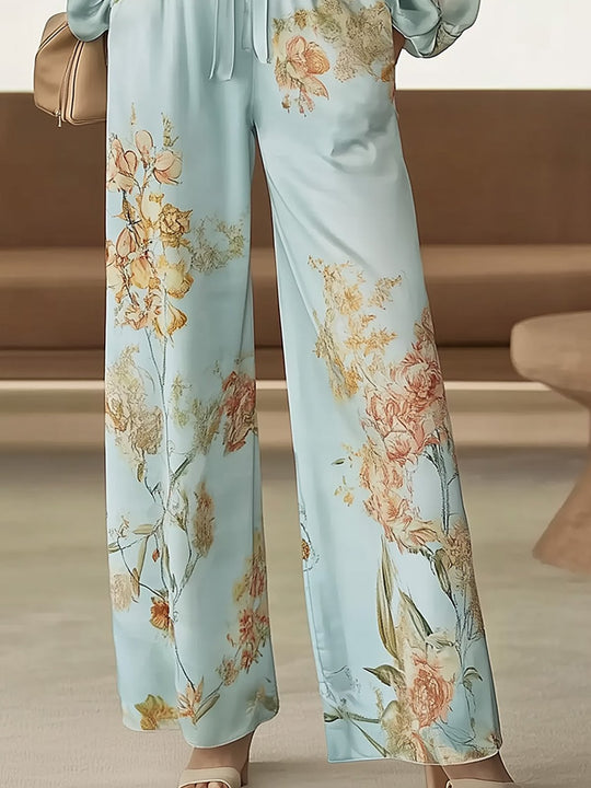 Sky Blue Satin Floral Relaxed Set - Pants