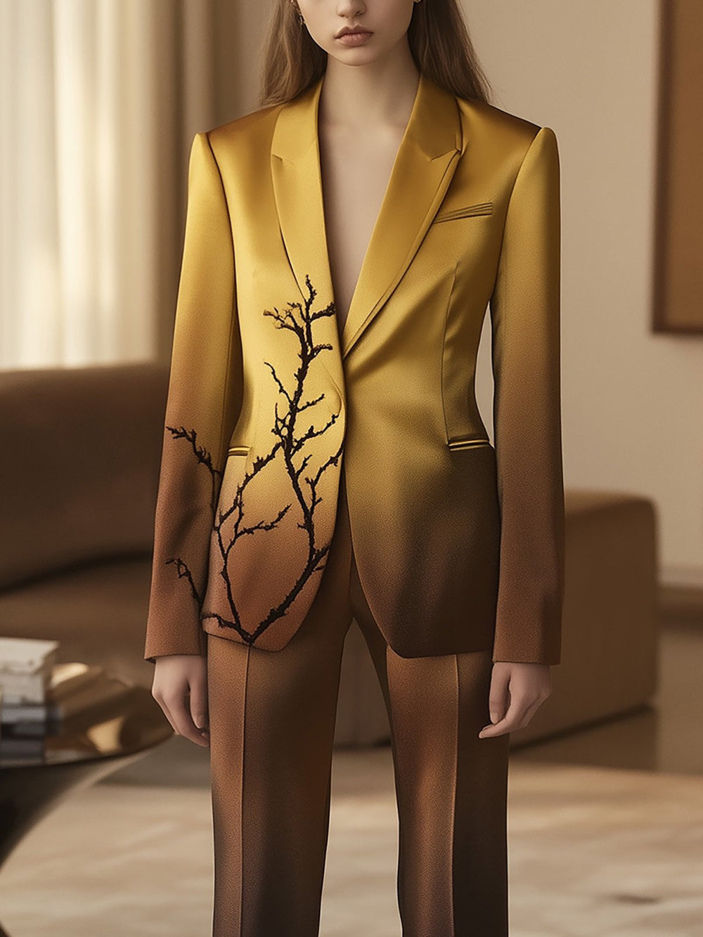 Ombre Satin Suit with Branch Detail