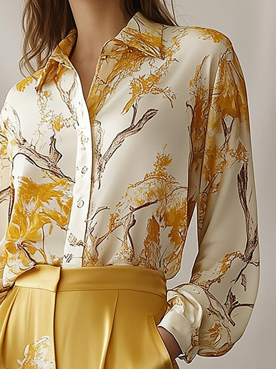 Elegant Yellow Floral Silk Shirt and Wide Leg Pants Set - Shirt