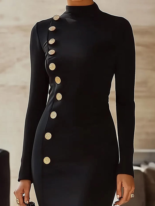 Urban Black Long-Sleeve Dress with Gold Button Detail