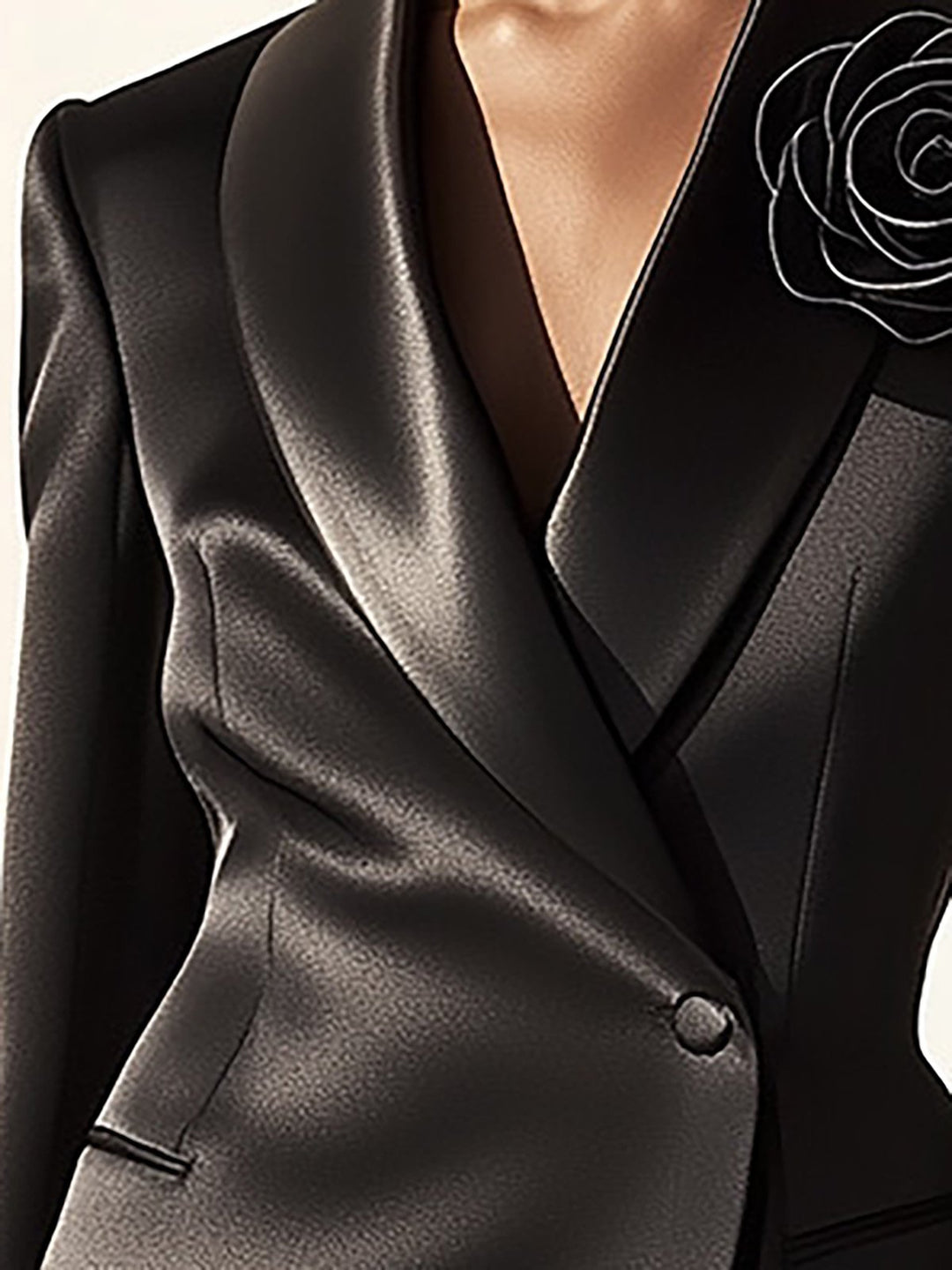 Modern Black Suit with 3D Rose Decoration - Blazer