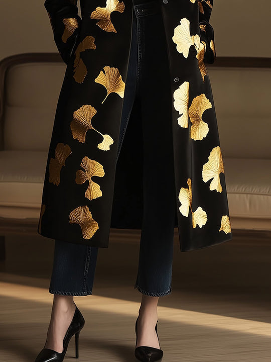 Black Coat with Ginkgo Leaf Motif