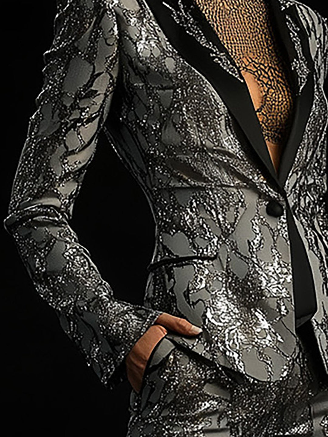 Refined Radiance Statement Silver Print Blazer Ensemble - Blazer