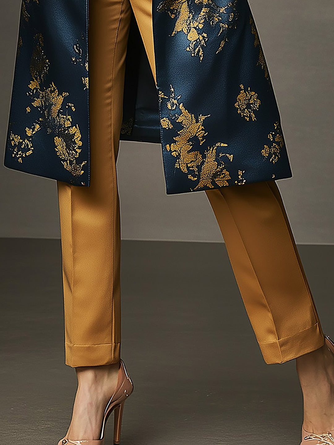 Golden Twilight Navy and Gold Floral Satin Overcoat - Pants